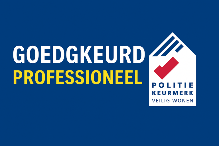 Afbeelding met blauwe achtergrond, de woorden “Goedgekeurd” en “Professioneel” in het wit en geel, met het logo van Politie Keurmerk Veilig Wonen (PKVW) rechts zichtbaar.