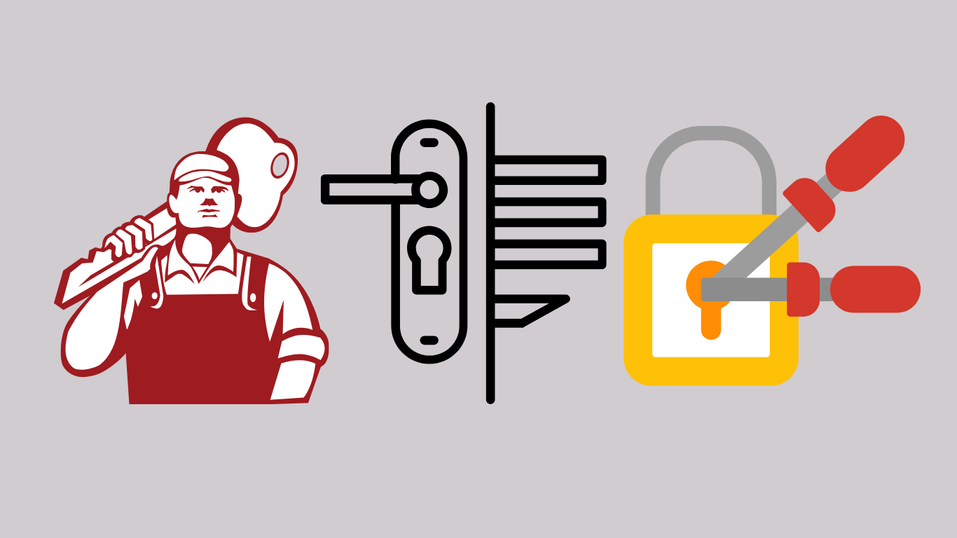 Illustratie van een slotenmaker, een deurslotmechanisme en een slotreparatie als visuele weergave van slotenservice en inbraakpreventie in Wognum.