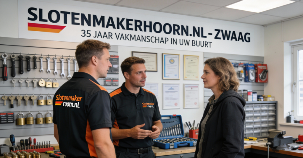 Slotenmaker Zwaag bespreekt oplossing met klant in werkplaats met 35 jaar ervaring